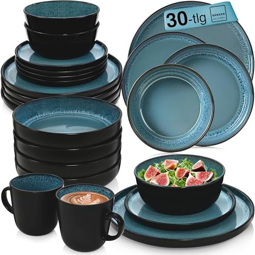 SÄNGER Vigo | Kombiservice 6 Personen, Teller Set Kaffeebecher Pastaschale 30 tlg, Steingut Geschirr Set spülmaschinen- mikrowellen- kratzfest, Geschirrset blau mit schwarzem Rand | VALUE COLLECTION