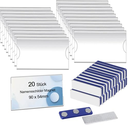 20 Stück Namensschilder Magnet, 90x54mm Namensschilder Magnetisch | Magnetische Namensschild für kleidung Ausweishalter, Name tag mit Selbstklebende Magnet
