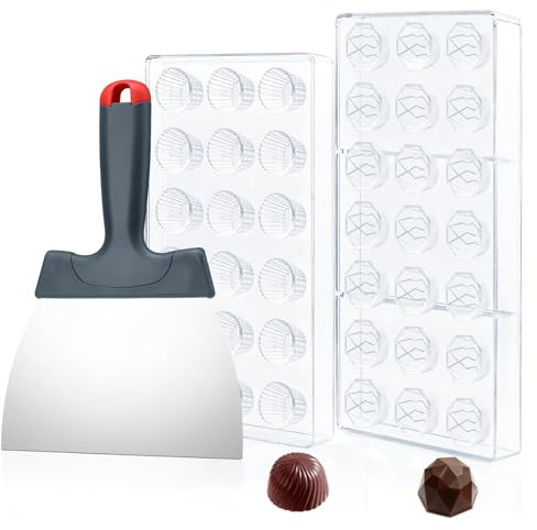 2 Stück Polycarbonat-Schokoladenformen mit Schokoladenschaber, Mehrzweck-Süßigkeitsformen für Pralinen, Gelee und Kuchendekoration, Trüffelform mit 3 Formen, Zubehör