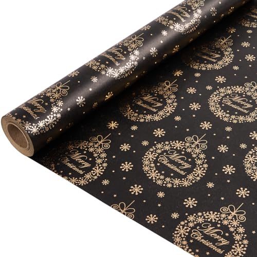 Geschenkpapierrolle für Weihnachten, 10 m x 43 cm, schwarzes, recycelbares Kraftpapier mit glänzendem „Frohe Weihnachten“-Aufdruck und Schneeflocke für Weihnachts- und Geburtstagsgeschenke