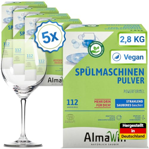 AlmaWin® Spülmaschinen Pulver mit Powerformel für strahlend sauberes Geschirr [5x 2,8kg - 560 Anwendungen] - Kraftvolles Geschirrspülmittel Pulver - Ohne Phosphate, Öko & VEGAN, Dishwasher Powder