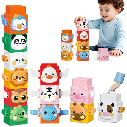 Britik Toys for Boys Girls 1 2 3 4 Year Old: Animal Building Blocks for Baby Toddlers Montessori Sorting and Stacking Toy Blocks Birthday Gifts for 3+ Years Old Kids Babies Presents Age 6 12 18 Months