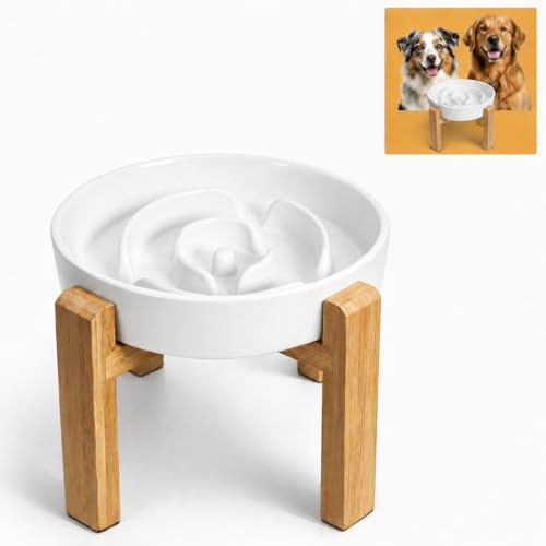 Gamelle Anti-Glouton pour Chien Surélevée - avec Support en Bambou à Vis - Bol Labyrinthe en Céramique pour Alimentation Lente - Idéale pour Chiens Moyens et Grands - Blanc - 22,5 cm