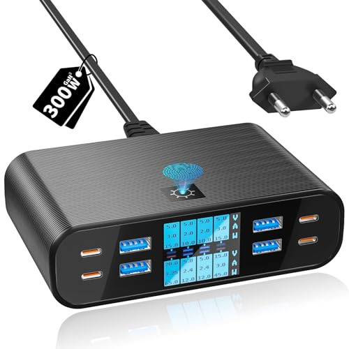 YSYFAD Caricatore USB C Multiplo 8 Porte con Schermo LED, 300W GaN Stazione di Ricarica PD PPS Caricatore USB C 65W Fast QC3.0 USBA caricabatterie per Macbook laptop i Phone Pad Watch Galaxy, Nero