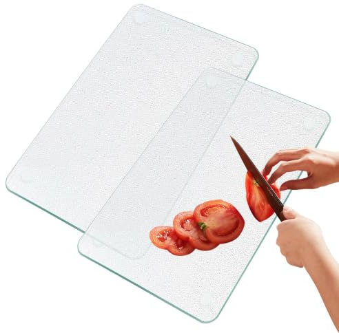 2 Stück Schneidebrett Glas, 30x20cm Glasschneidebrett, Glas Schneidebrett mit Rutschfesten Silikonfüßen, Kratzfest Schneidbrett für Küche, Kochen, Backen, Gemüsezubereitung, Arbeitsplattenschoner