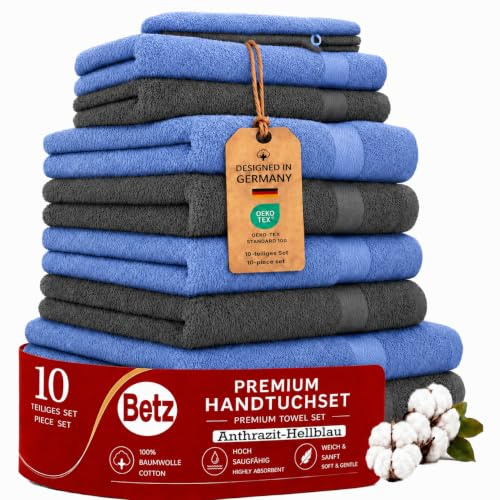 Betz Premium Handtuch-Set 10-teilig – 100% Baumwolle – Oeko-TEX® Zertifiziert – saugfähig&weich – 470g/m² – Duschtücher, Handtücher, Gästetücher & Waschhandschuhe – Farbe hellblau & anthrazit