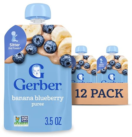 Gerber Stage 2 Baby Food, Banana Blueberry Puree Pouch, 2 Servings of Fruit, No Added Sweetener, No Artificial Colors or Flavors, 12-Pack
