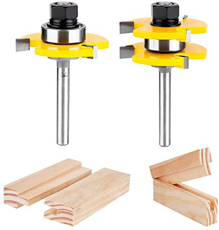 KOWOOD Tongue and Groove Set of 2 Pieces 1/4 Inch Shank Router Bit Set 3 Teeth Adjustable T Shape Wood Milling Cutter