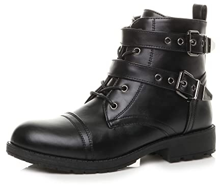 AJVANI mid block heel strappy army combat biker ankle boots size 5 38