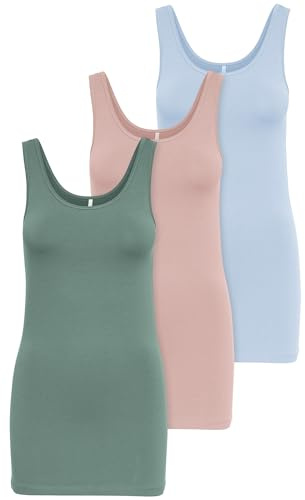 ONLY 3er Pack Damen Oberteile Basic Tank Tops weiß, schwarz, grau, blau, Creme Frauen Shirt lang Sommer Shirts Top 15201465