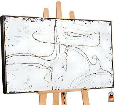 YS-Art Abstrakt Acryl Gemälde auf Leinwand goldene Fäden handgemalt Wandbild Wohnzimmer modern Wohndekor Bild schwarz weiß Künstlerin Marina Julinski 120x80 cm