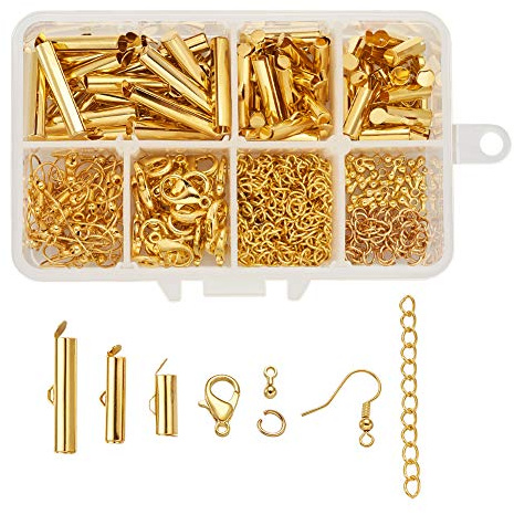 250 Stück/Box 3 Größen Golden Slide on End Verschluss Tube Kit mit Ohrringhaken, Biegeringe Verlängerungsketten und Karabinerverschlüssen für Schmuckherstellung
