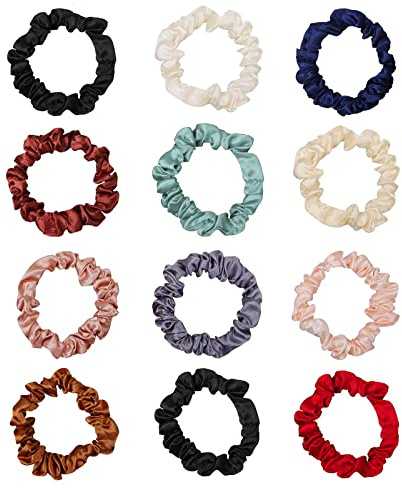12 Pcs Satin Hair Scrunchies for Women Girls, Elastic Silk Hair Bands Skinny Hair Ties Soft Satin Scrunchies for Hair Accessories