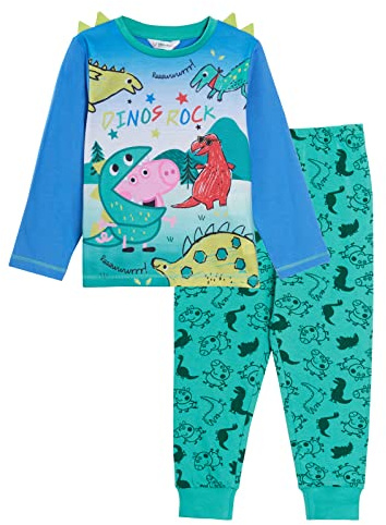 Peppa Pig Boys George Pig Pyjamas Kids 3D Dino Spikes Luxury Full Length Pjs Set Green Dinos 4-5 Years