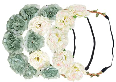 Nishine 3PCS Multicolor Blumenkranz für Baby Mädchen Kinder florale Girlande Krone Stirnband mit elastischen Band für Hochzeit Party(Minze/Elfenbein)