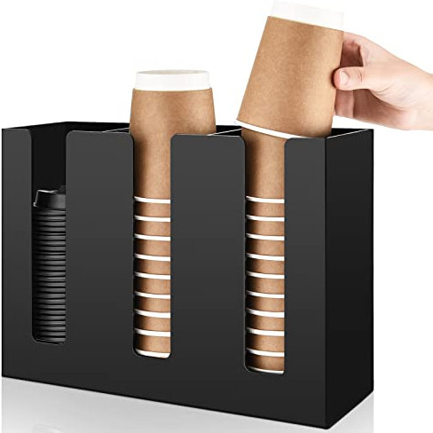 3 Compartments Acrylic Coffee Cup Dispenser Organizer Paper Cup Lid Sleeve Holder Organizer Coffee Shop Supplies Holder Storage for Counter Wall(Black)