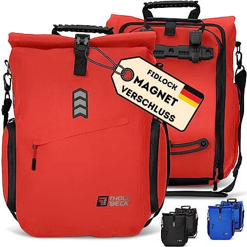 THOLLBECK IMPULS 3in1 Fahrradtasche & Fahrradrucksack (23-27l) - wasserdicht für Gepäckträger bei Fahrrad & E Bike- Mountainbike Herren & Damen mit Laptopfach (Rot, recycelt)