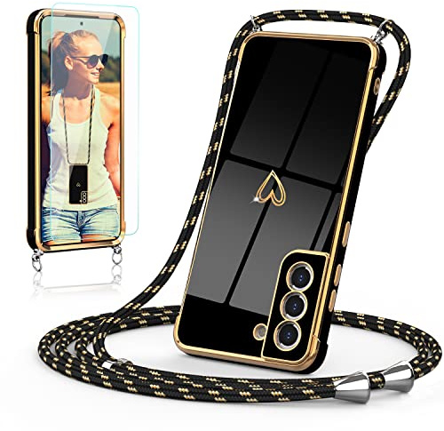 Togestar Handykette Hülle für Samsung Galaxy S21 Handyhülle mit Band und Schutzfolie, Kameraschutz Herz Love Design 360 Grad Stoßfeste Schutzhülle Silikon TPU mit Kordel zum Umhängen, Schwarz