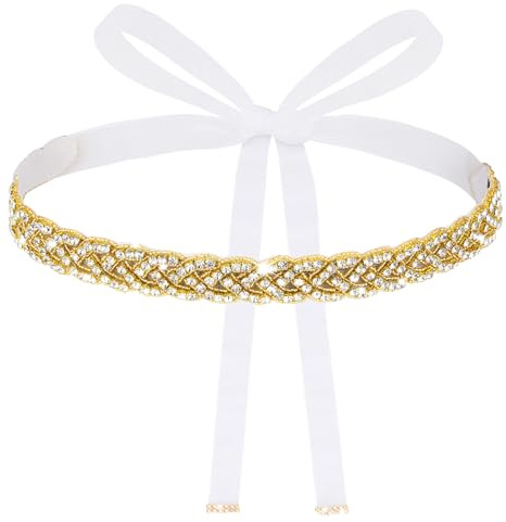 Andibro Handmade Rhinestone Bridal Belt, Gold Bridal Wedding Dress Sash Trim Crystal Belt With Ribbons for Bridal Gowns(White)