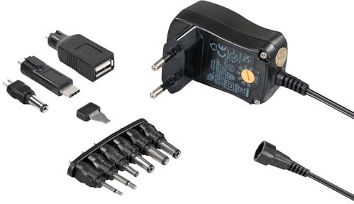 MaxTrack Alimentatore switching stabilizzato con 7 livelli di tensione, 600 mA, USB A, USB C, cavo da 1,8 m, alimentatore universale, spina DC, alimentatore con spina adattatore, con regolatore di