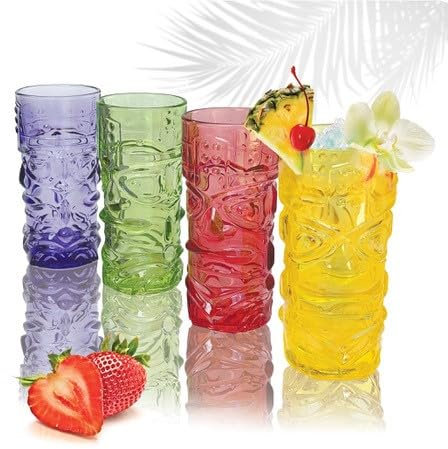 Lily's Home Set of 4 Tiki Glasses - Ideal for Exotic Cocktails, Highball - Unique Tiki Bar and Kitchen Bar Drinkware Set, Glass Tumbler & Mug Set, Perfect Cocktail Mixing Glass, 16 oz Tumbler