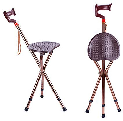 Gehstock mit Sitz, zusammenklappbarer Gehstock, höhenverstellbarer Stativ-Teleskophocker mit rutschfestem Griff und Gummispitze, ausgleichende Mobilitätshilfe für ältere Menschen/Braun elegant