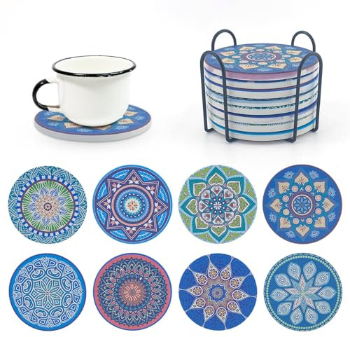 Untersetzer Gläser 8er Set Saugfähig Kork Keramik Glasuntersetzer,Getränke-untersetzer Runde Untersetzer Mit 4 Zoll Metallhalter,Keramik Kork Untersetzer/Dekorative Untersetzer für Gläser,Tassen,Vasen