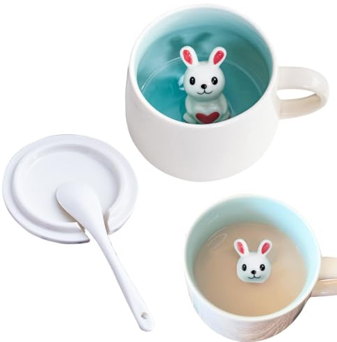Keramiktasse mit 3D-Tier im Inneren(350ml) – 3D Tasse mit Deckel & Löffel, Lustige 3D Tier Tassen Keramik, Tasse mit 3d Ti/er Innen, 3d-Tierbecher Mit Löffel(Kaninchen)