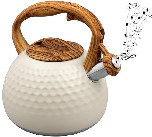 Tea Kettle for Stove Top, 3L Stainless Steel Kitchen Teapot with Wood Grain Handle, Whistling Water Kettle for Induction, Cooker, Gas Electric Hobs (White)