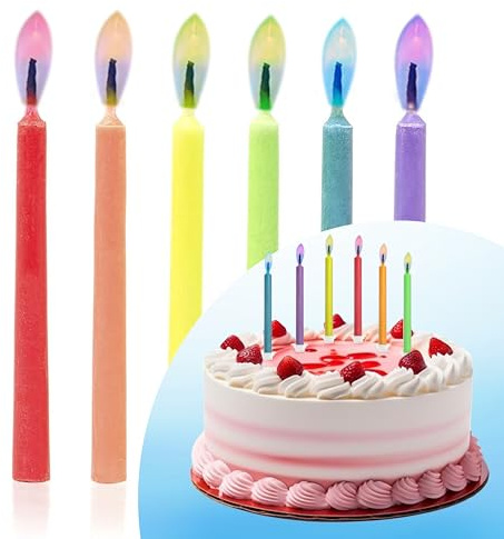 Decoraparty Lot de 6 bougies à flamme colorée pour fête d'anniversaire pour enfants, célébration, décorations en cire, bougies avec supports en plastique pour gâteau, cupcake, hauteur 6 cm (lot de 6