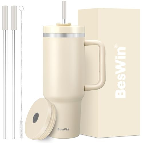 40 oz Tumbler with Handle and Straw, Vacuum Insulated Stainless Steel Double Wall Water Bottle Travel Coffee Mug - Holiday Gifts for Women Men - Cream