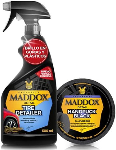 Maddox Detail - Pack de Cuidado de Neumáticos | Limpieza y Brillo Profesional para Neumáticos y Plásticos Exteriores| Protector y Restaurador | Tire Detailer + Aplicador Handpuck Black