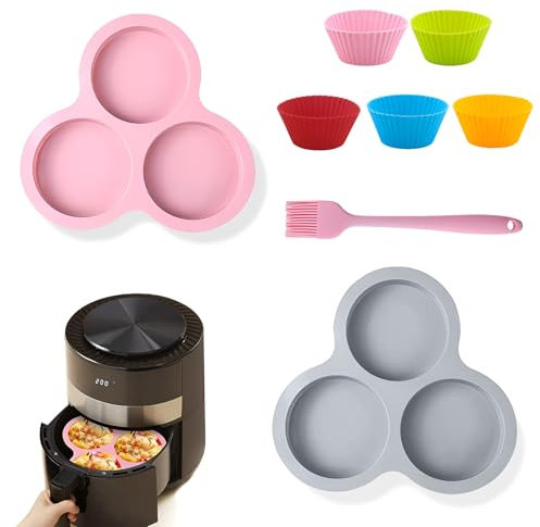 OT-NVWOZR 2 Stück Spiegeleiform Eierform Silikon für Fritteuse, Muffinform mit 5 Kuchenformen Pinsel Backen, Wiederverwendbare Luftfritteusen-Zubehör Eierform für Spiegeleier Hamburger