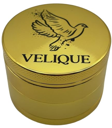 VELIQUE® Grinder Ø50mm | Zinklegierung | 4-teiliges Set mit Pollen Scraper | Kräutermühle | Crusher | Kräuter | Gewürze (Gold)