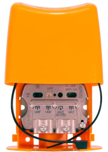 Amplificador de mástil 12-24V, 3E/1S, ideal para mejorar la señal de televisión y radio en zonas de baja cobertura.