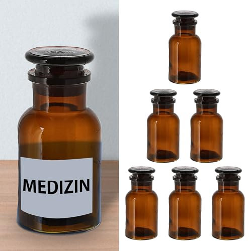 Cepewa Lot de 6 bouteilles de pharmacie - Marron - 125 ml - 5,5 x 11 cm - En verre - Avec bouchon en verre - 1 lot de 6 flacons de pharmacie de 125 ml