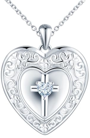 CPSLOVE Damen Mädchen Herz Fotos Halskettes Medaillons 925 Silber Ketten Kreative Kreuz mit Zirkon Öffnen Anhänger Personalisierte Photo Openable Anhänger Fashion Schmuck