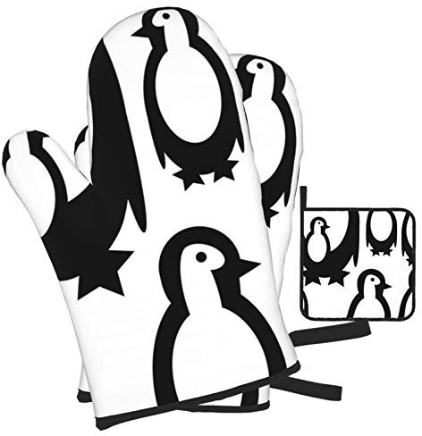 4 Stück Ofenhandschuhe Set Pinguine Schwarz Auf Weiß Grillhandschuhe Doppelschicht Topfhandschuhe Hitzebeständige Kochhandschuhe, Für Backen, Cafe, BBQ