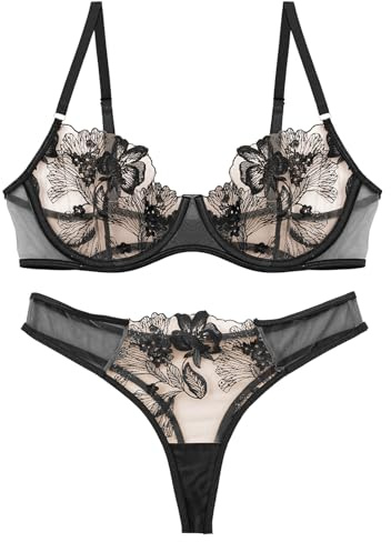 AIEOE Spetsbehå med string trosor dam underkläder set för kvinnor sexiga underkläder transparent nätbehå med bygel tanga blommor broderade remmar underkläder – XS-L, svart, L