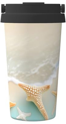 WBQLSL Termo de acero inoxidable con diseño de estrella de mar de playa, 12 horas de larga duración, aislamiento térmico y frío, taza de café portátil