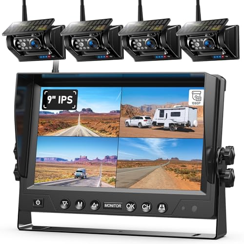 4 Rückfahrkamera Kabellos Solar Magnetische Rückfahrkamera Funk: 9 1080P HD Monitor, 9600mAh Akku, 1 Min Installation, IP69K Wasserdicht, für Anhänger, Wohnmobile und LKWs