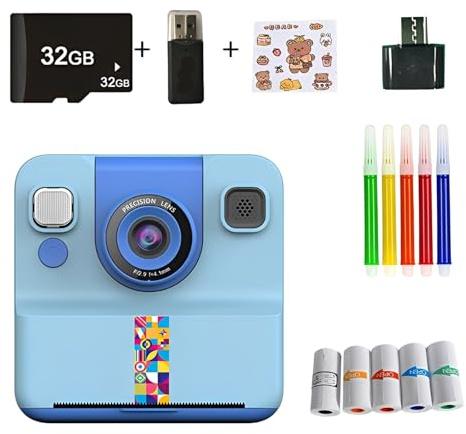 Appareil photo instantané pour enfants, avec carte de 32 Go, papier d'impression et couleurs, cadeau d'anniversaire et de Noël pour garçon/fille (bleu)
