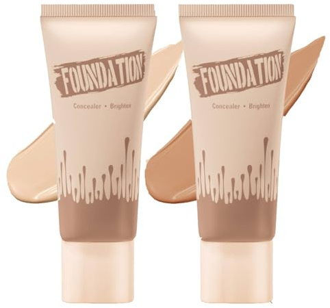 Foundation Makeup, Full Coverage Face Concealer, Getönte Tagescreme, Pflegender Make-up für glowy Schöne Haut, Feuchtigkeitsspendende Tagespflege mit Hyaluron, für den Optimalen Teint (2PC-1)