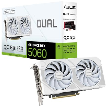 ASUS Dual GeForce RTX 5060 Carte Graphique GDDR7 White OC Edition Gaming (Nvidia Blackwell et DLSS 4, Design 2,5 emplacements, PCIE 5.0, 1 x HDMI 2.1b, 3 x DisplayPort 2.1b, Blanc, DUAL-RTX5060
