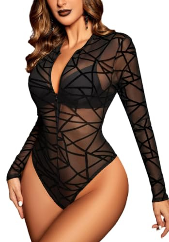 Avidlove Women's Mesh Bodysuit Long Sleeve Sheer Zipper Top Crotch Snap | Elastic Mesh Fabric Elegant Sheer Bodysuit with Zipper Festival Rave Clubwear Outfit