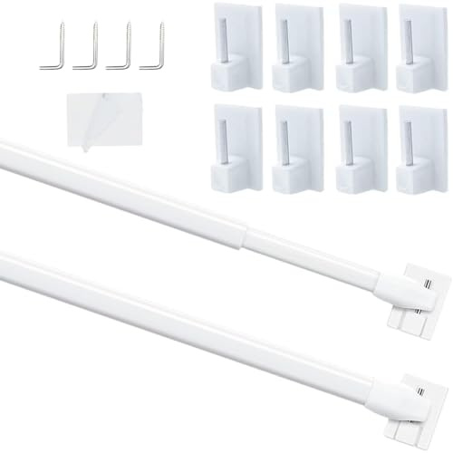 2Pcs Adjustable Rods for Curtain, Net Curtain Extendable Rod, No Drill Net Curtain Rodfor Kitchen Cupboard Bathroom Window with 8PCS Self-adhesive Hooks(40-70CM,White)