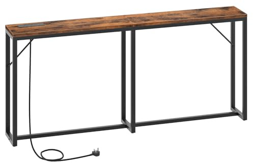 HOOBRO Slim Console Table with Charging Station, 180 cm Long Narrow Behind Sofe Table, Industrial Hallway Table, for Entryway, Living Room, Adjustable Feet, Rustic Brown and Black EBF208KXG01