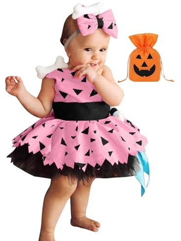 Costume Flintstone Pebbles Fancy Dress Up Costume With Headband And Candy Bag For Infant Baby And Little Girls, Orange Green