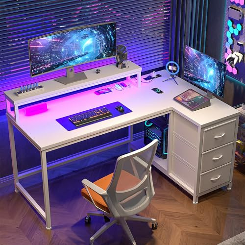 Cliporix L Shaped Gaming Desk with RGB Light& Power Outlets, 120x80cm White