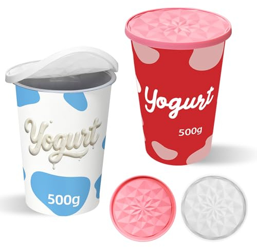 Yoghurt Pot Lids ONLY Fit 9.5cm Diameter Pots Reusable Silicone Large Tops, for 9.5cm Yogurt, Cream Pots (Pink/White, 2)